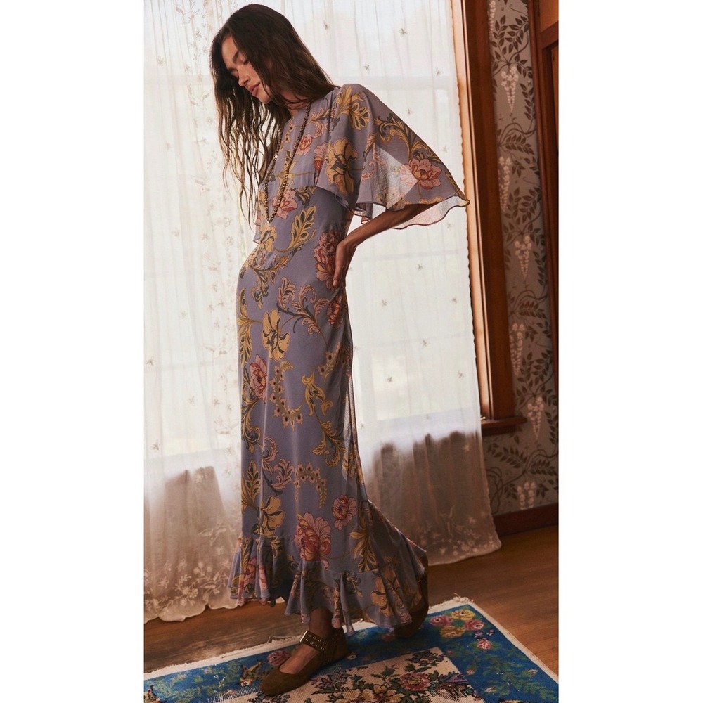 Free People Swan Song Boho Floral Flutter sleeve Ruffle Midi Dress Vintage Style